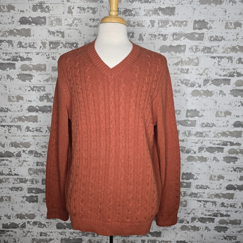 NEW Jos A Bank Mens‎ Orange Cable Knit V-Neck Long Sleeved Sweater Cotton Large